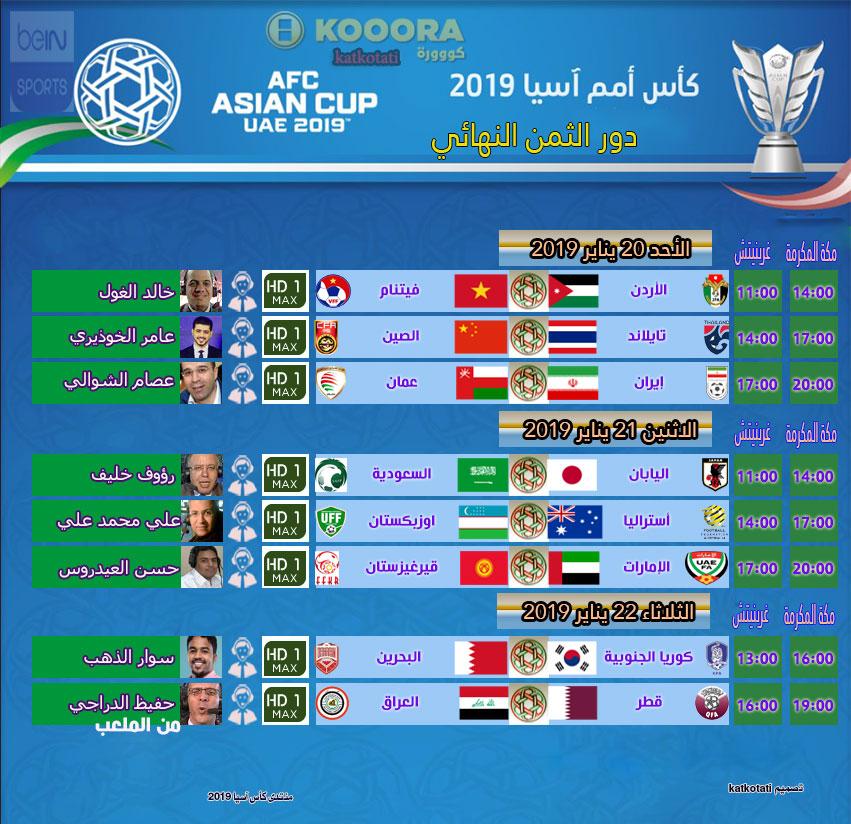 كاس اسيا امارات 2019 معلقي الثمن النهائي حصريا علي قن bein وات live